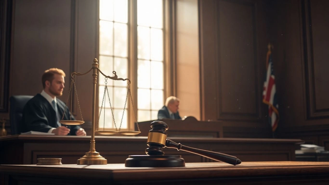 Mahkeme salonu, adalet terazisi, hakim ve dava