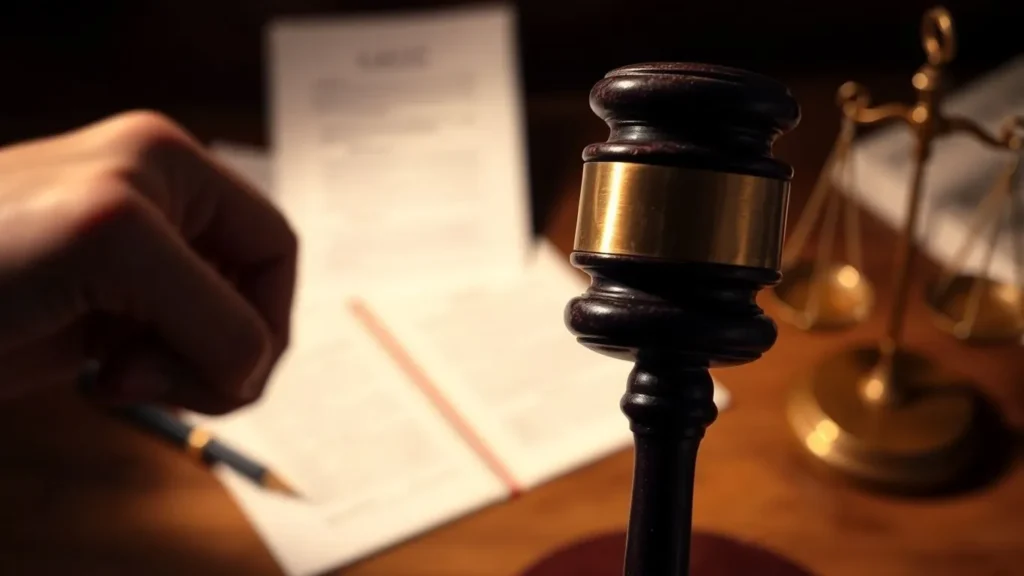 Adalet tokmağı ve dolma kalem masada.